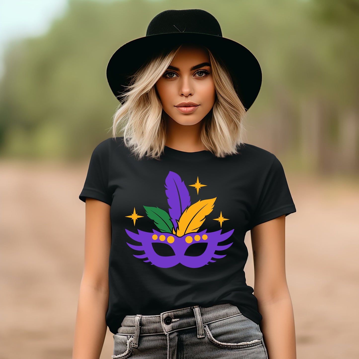 Feather Mask Sparkle | Short Sleeve Crew Neck