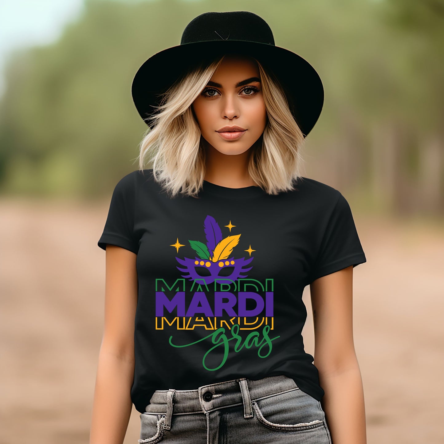 Mardi Gras Mask Stacked | Short Sleeve Crew Neck