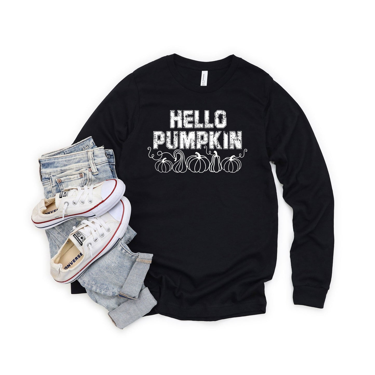 Hello Pumpkin Distressed | Long Sleeve Crew Neck