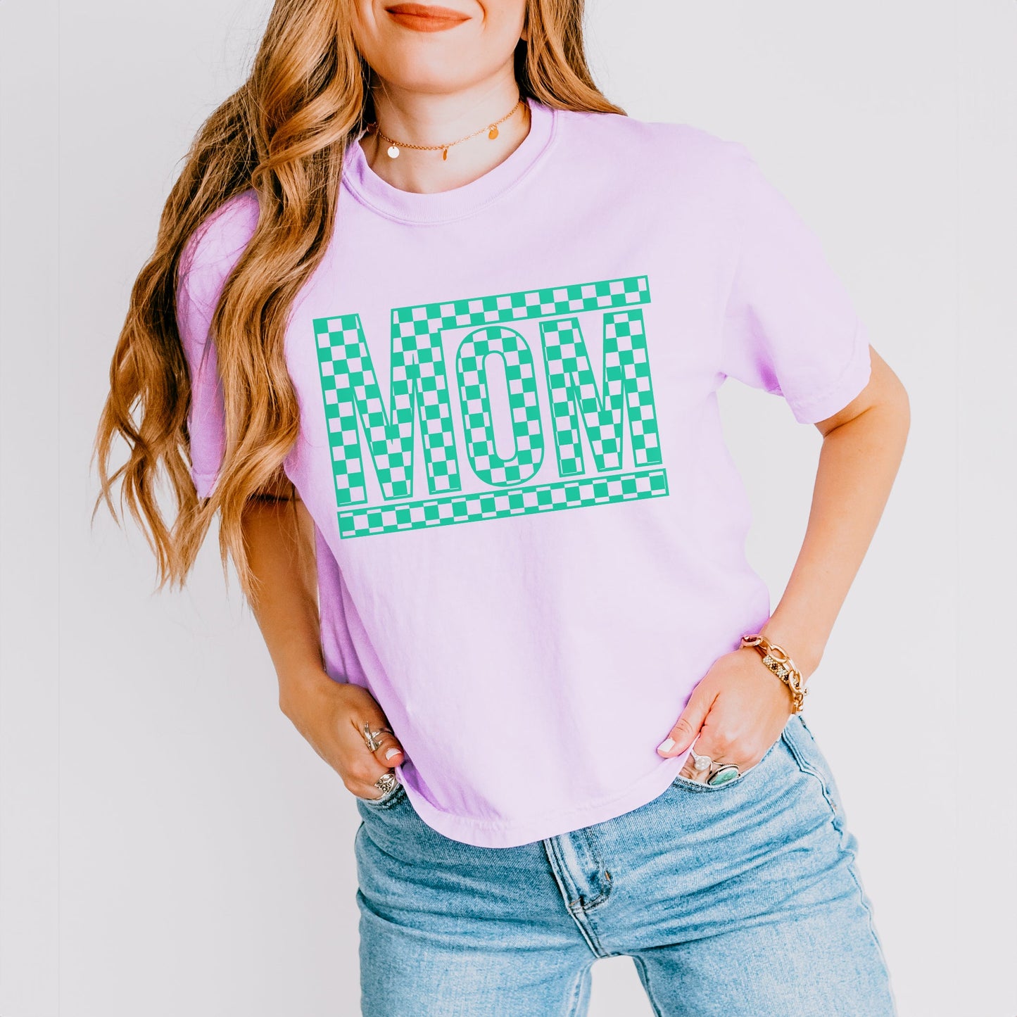 Mom Checkered Box Puff Print | Relaxed Fit Cropped Tee