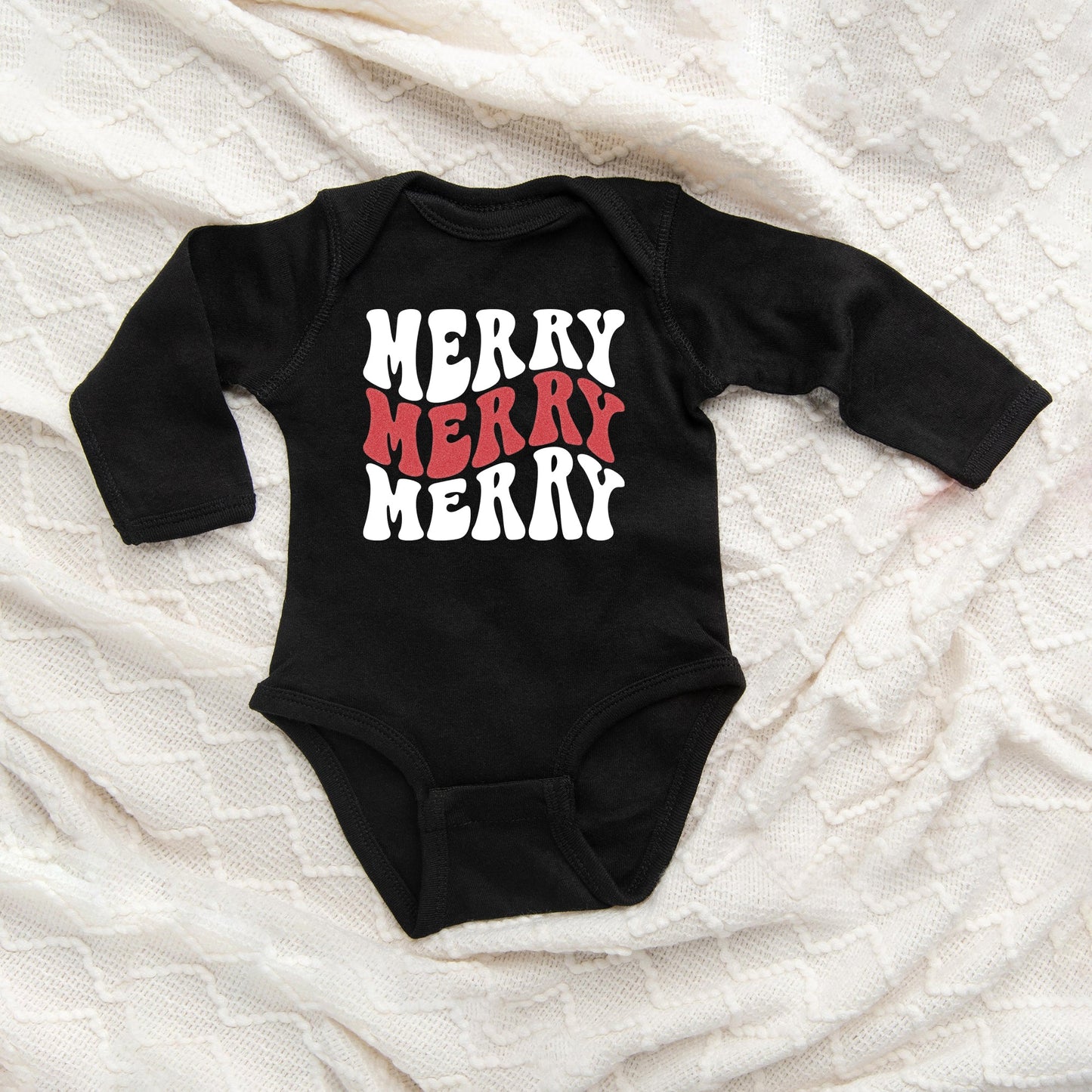 Merry Stacked Wavy Glitter | Baby Graphic Long Sleeve Bodysuit