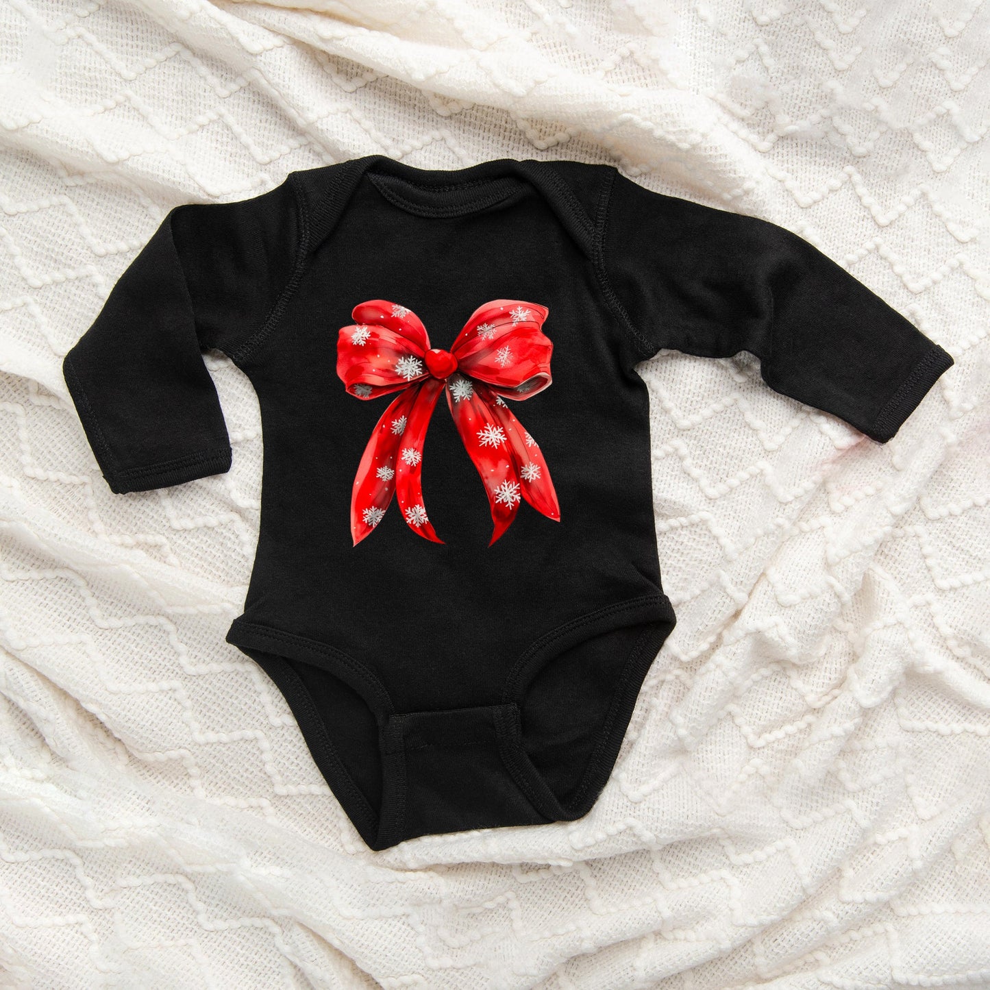 Coquette Christmas Snowflake Bow | Baby Graphic Long Sleeve Bodysuit