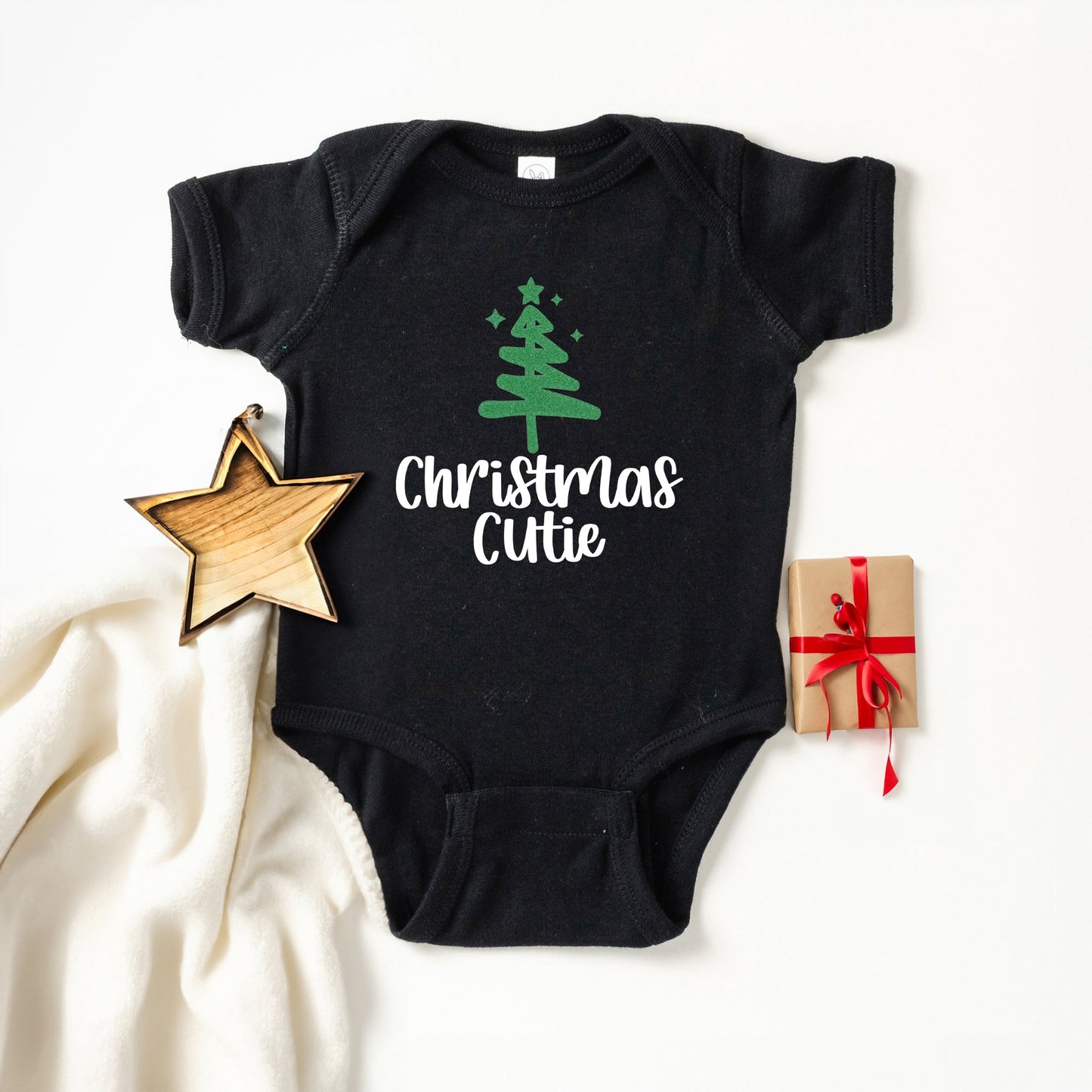 Christmas Cutie Tree Glitter | Baby Graphic Short Sleeve Bodysuit