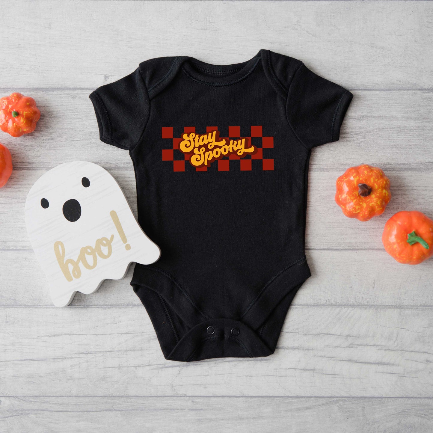 Stay Spooky Retro Checkered | Baby Graphic Short Sleeve Bodysuit