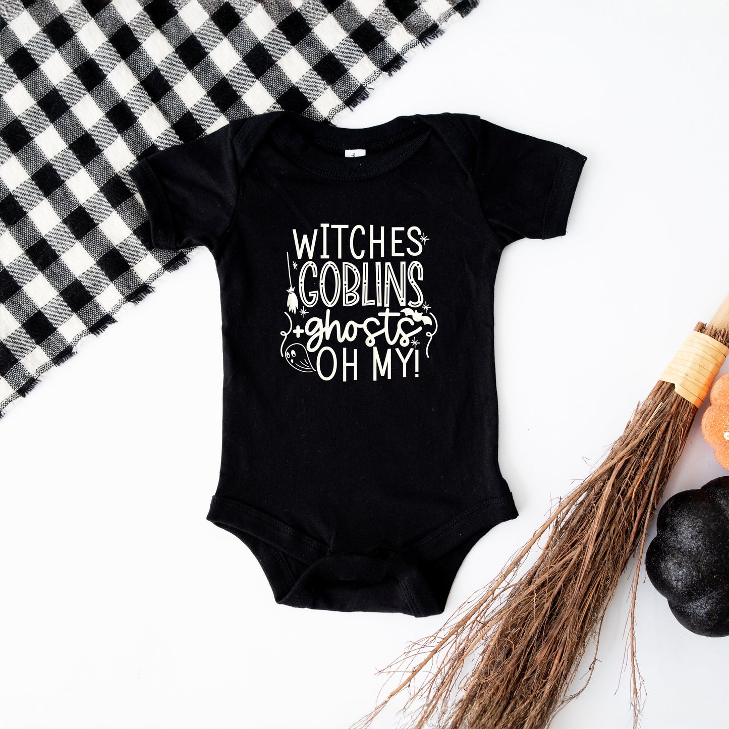 Witches Goblins Ghosts Puff Print | Baby Graphic Short Sleeve Bodysuit