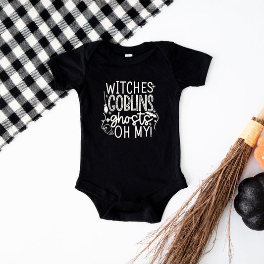 Witches Goblins Ghosts Puff Print | Baby Graphic Short Sleeve Bodysuit