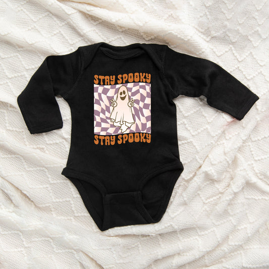 Checkered Stay Spooky Ghost | Baby Long Sleeve Bodysuit
