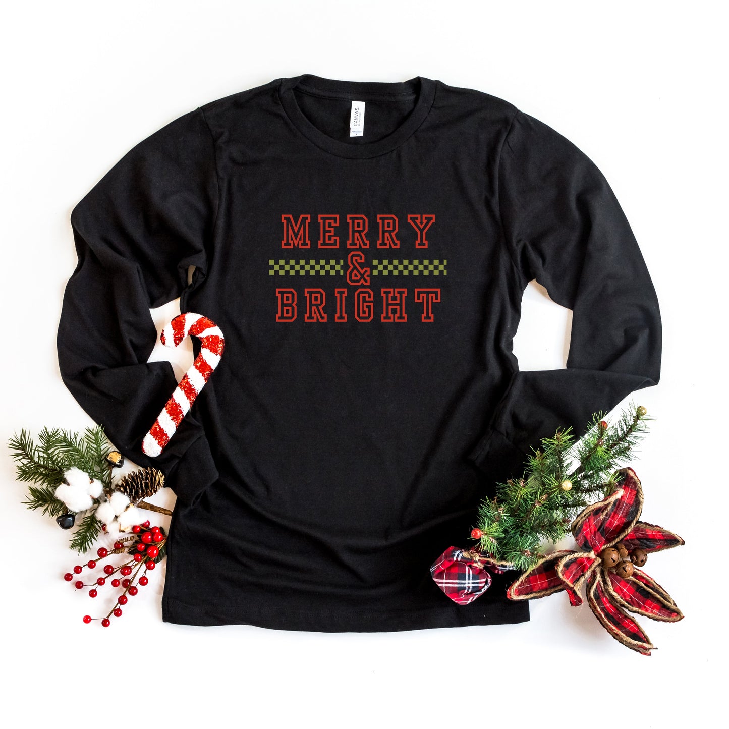 Merry and Bright Checkered | Long Sleeve Crew Neck