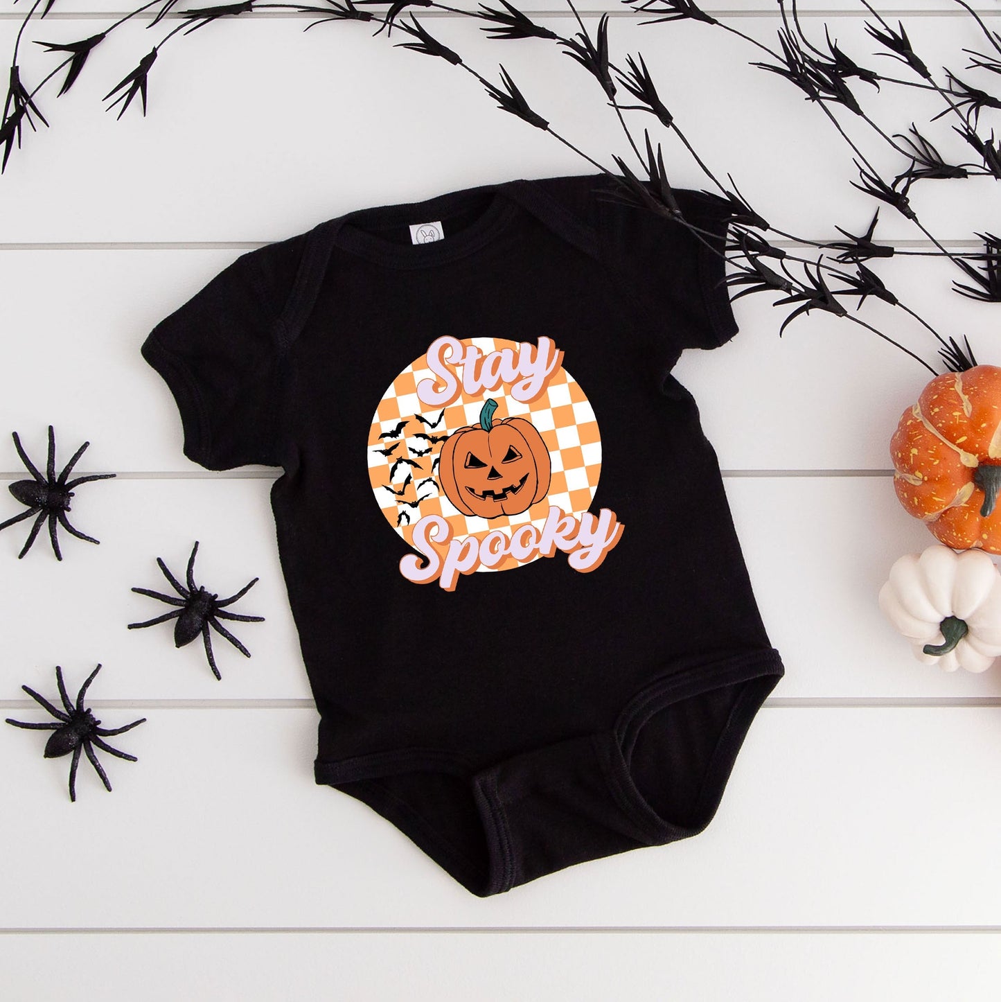 Stay Spooky Bats Checkered | Baby Graphic Short Sleeve Bodysuit