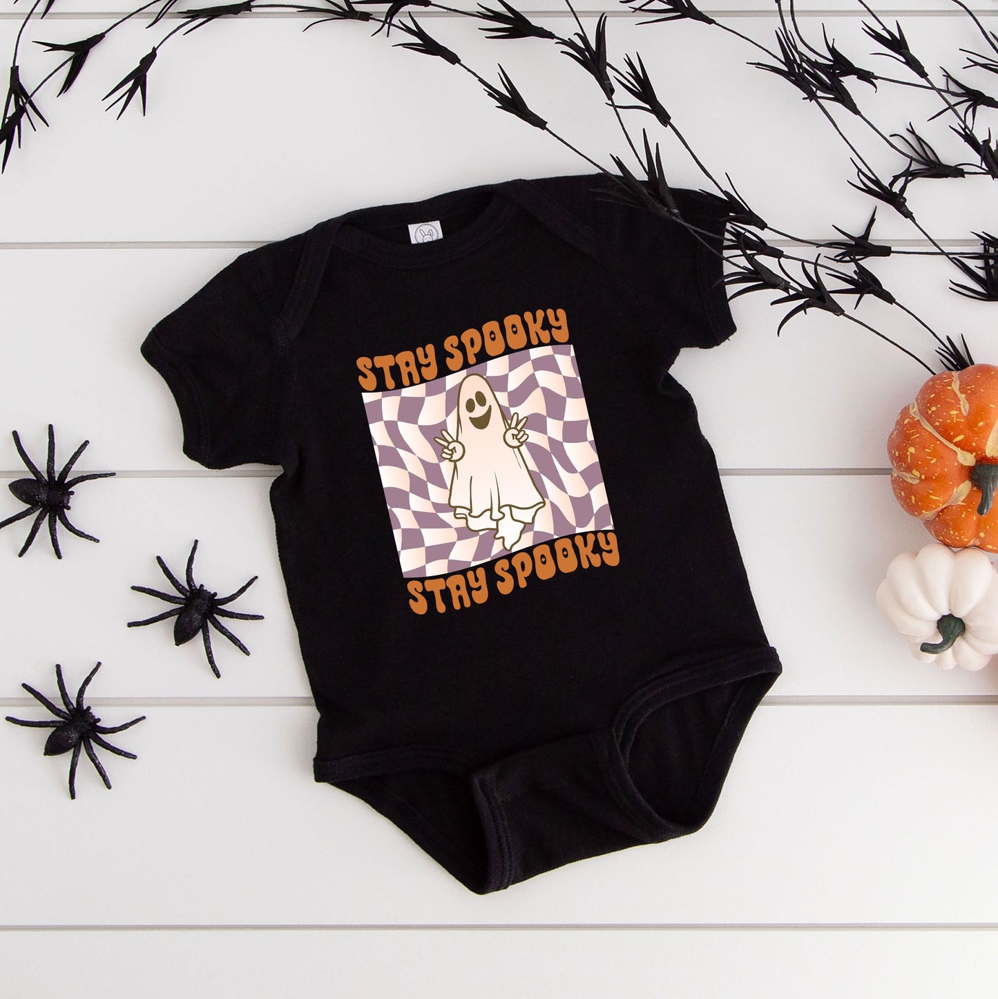 Checkered Stay Spooky Ghost | Baby Graphic Short Sleeve Bodysuit