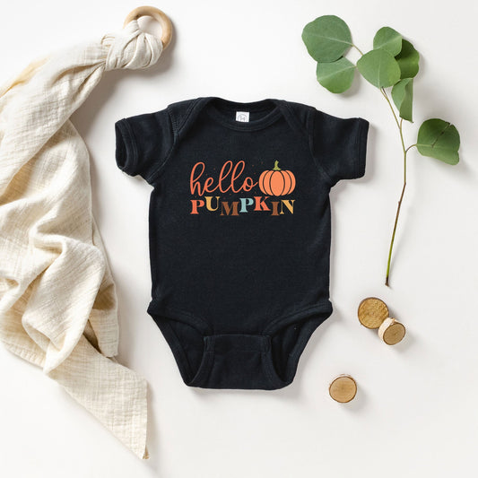 Cursive Hello Pumpkin | Baby Graphic Short Sleeve Bodysuit