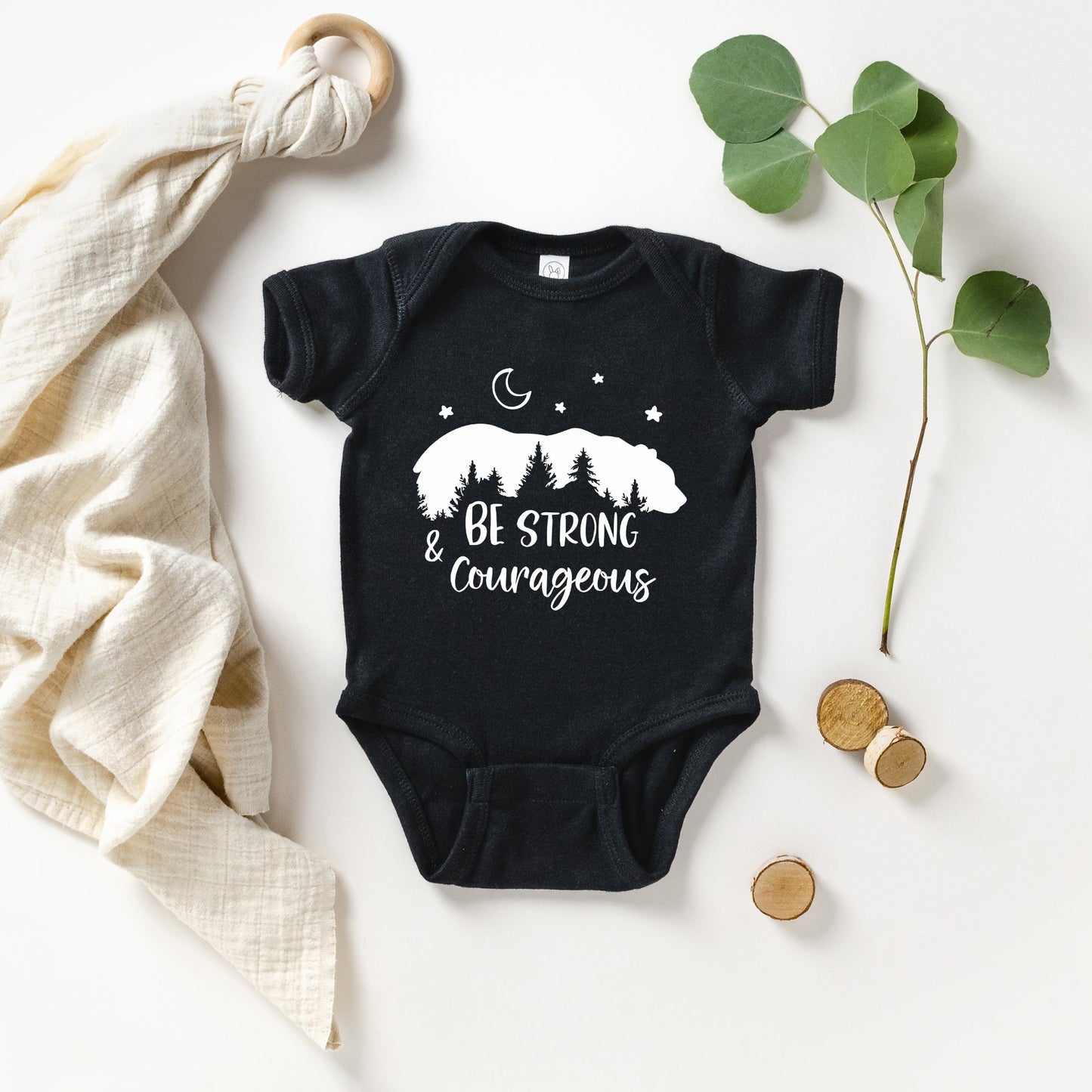 Be Strong And Courageous Bear Trees | Baby Graphic Short Sleeve Bodysuit