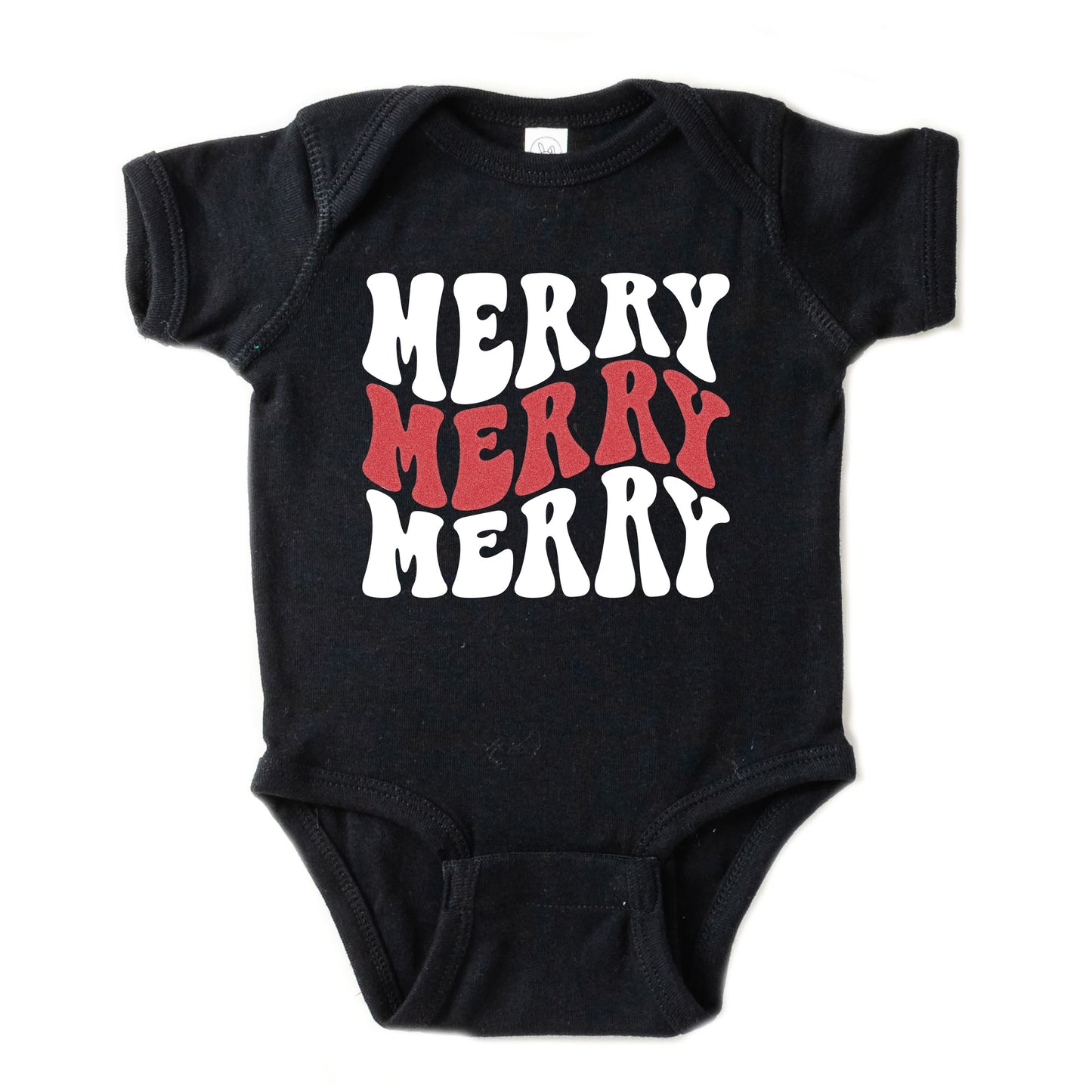 Merry Stacked Wavy Glitter | Baby Graphic Short Sleeve Bodysuit