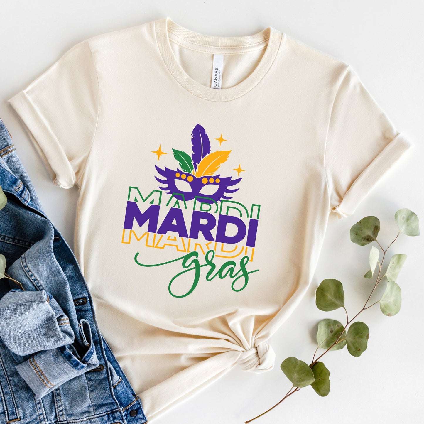 Mardi Gras Mask Stacked | Short Sleeve Crew Neck