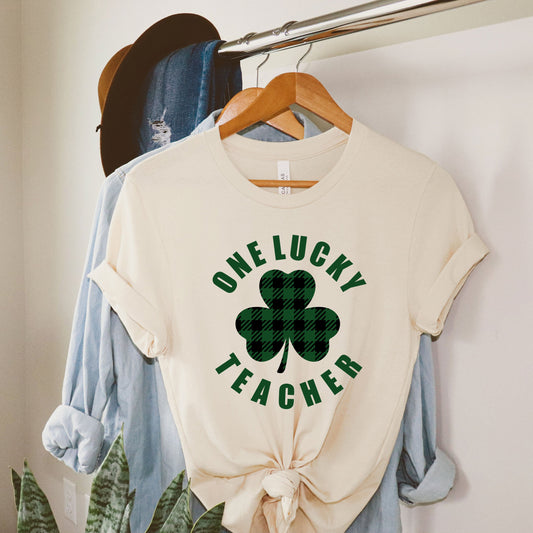 Lucky Teacher Buffalo Plaid Clover | Short Sleeve Graphic Tee