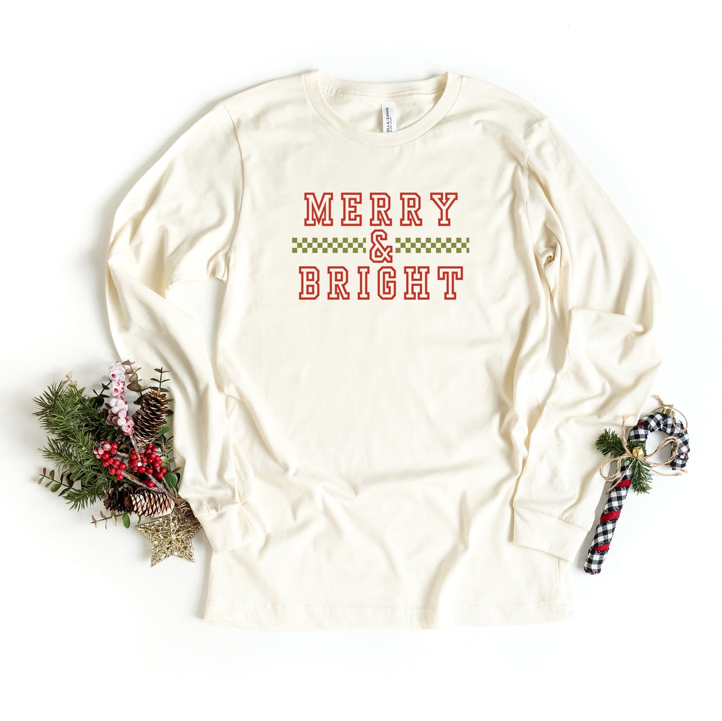 Merry and Bright Checkered | Long Sleeve Crew Neck