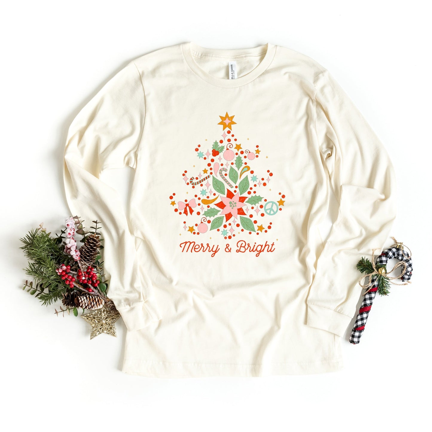 Merry and Bright Tree Grunge | Long Sleeve Crew Neck