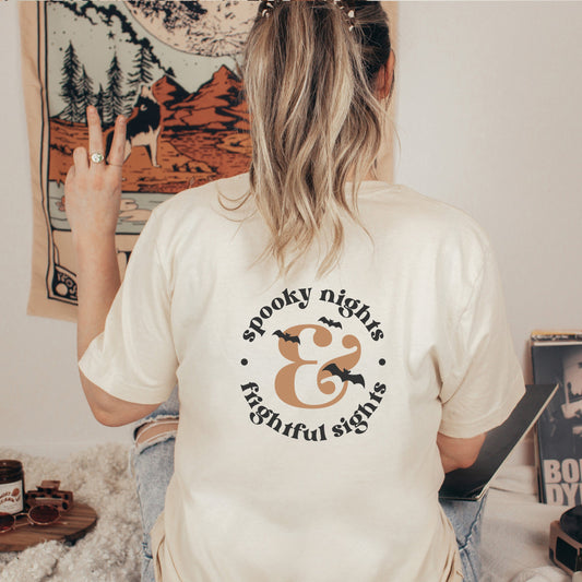 Spooky Nights and Frightful Sights | Front & Back Short Sleeve Graphic Tee