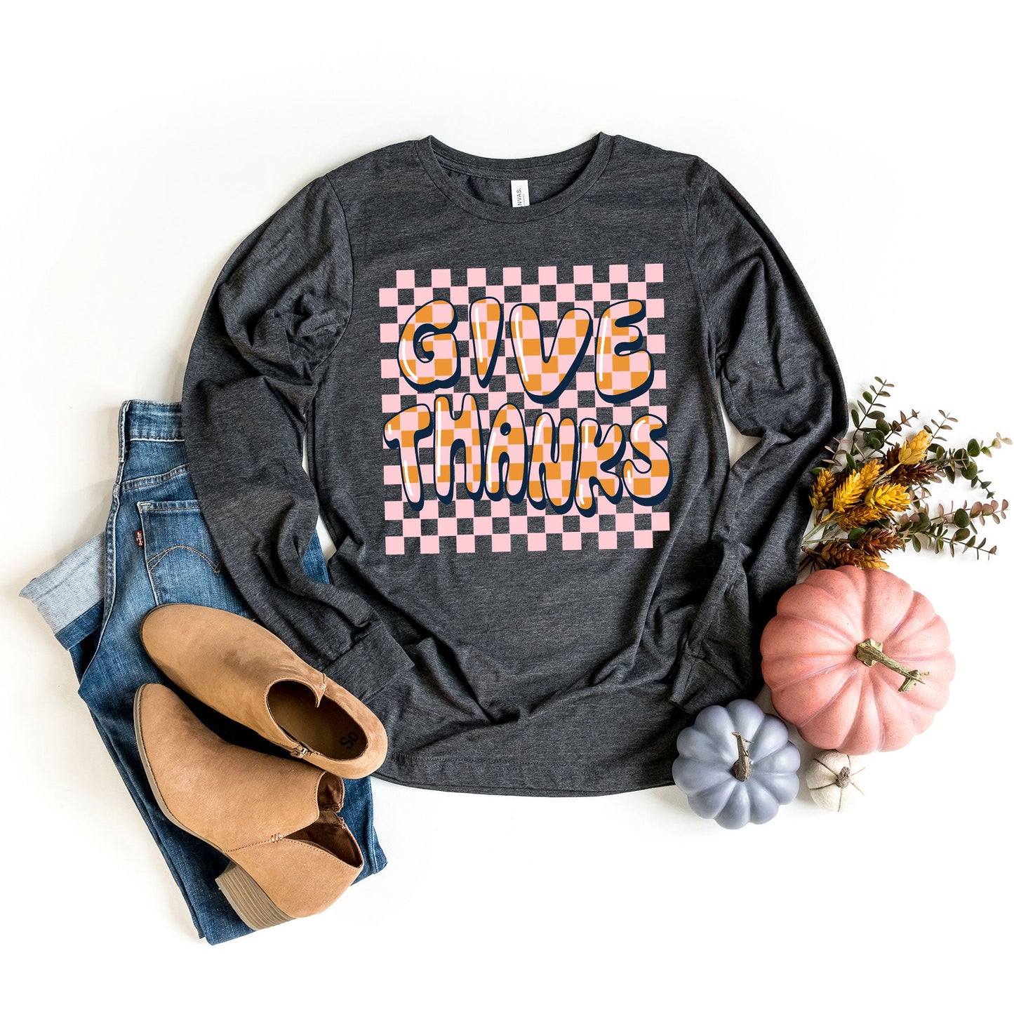 Give Thanks Checkered | Long Sleeve Crew Neck