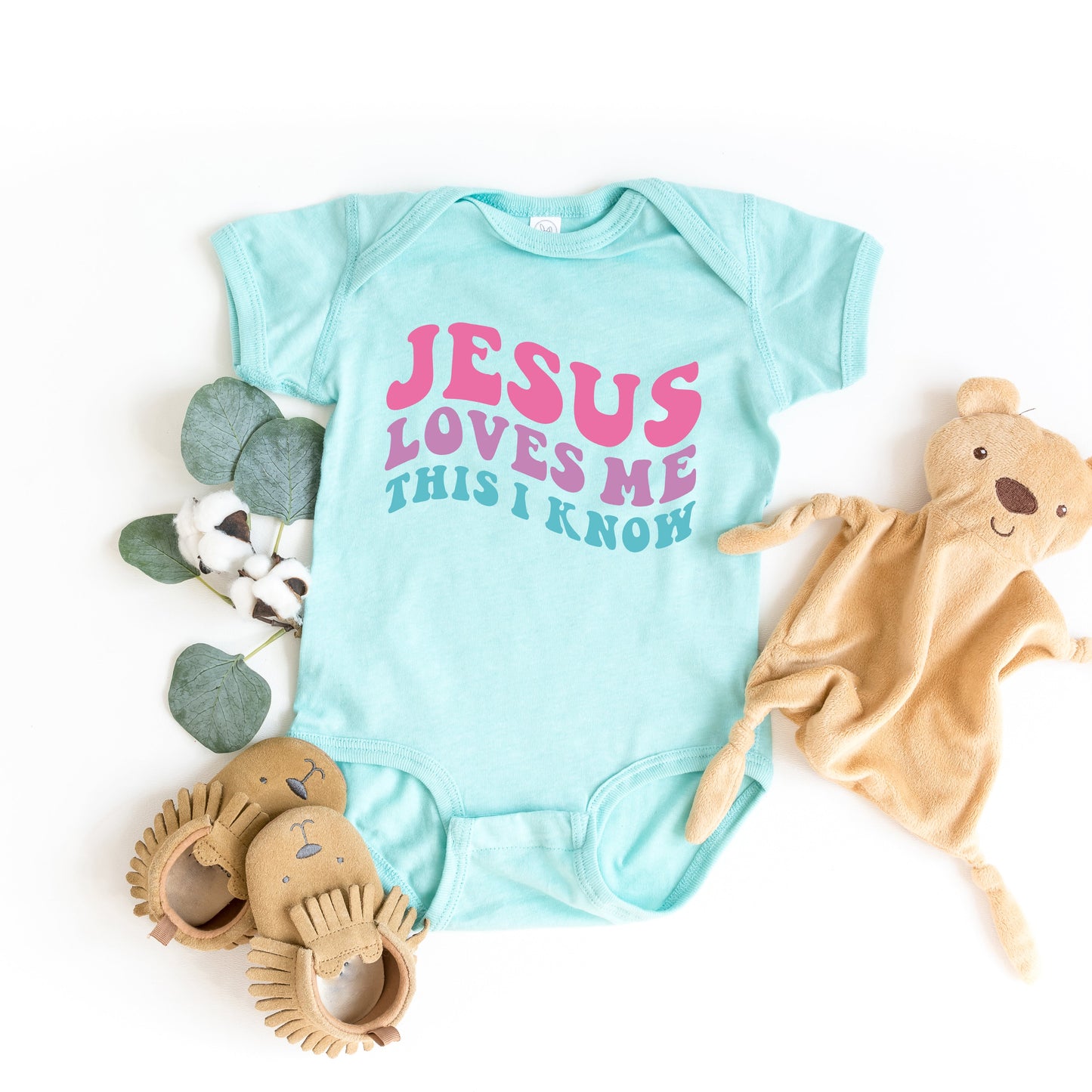 Jesus Loves Me This I Know Wavy | Baby Graphic Short Sleeve Bodysuit