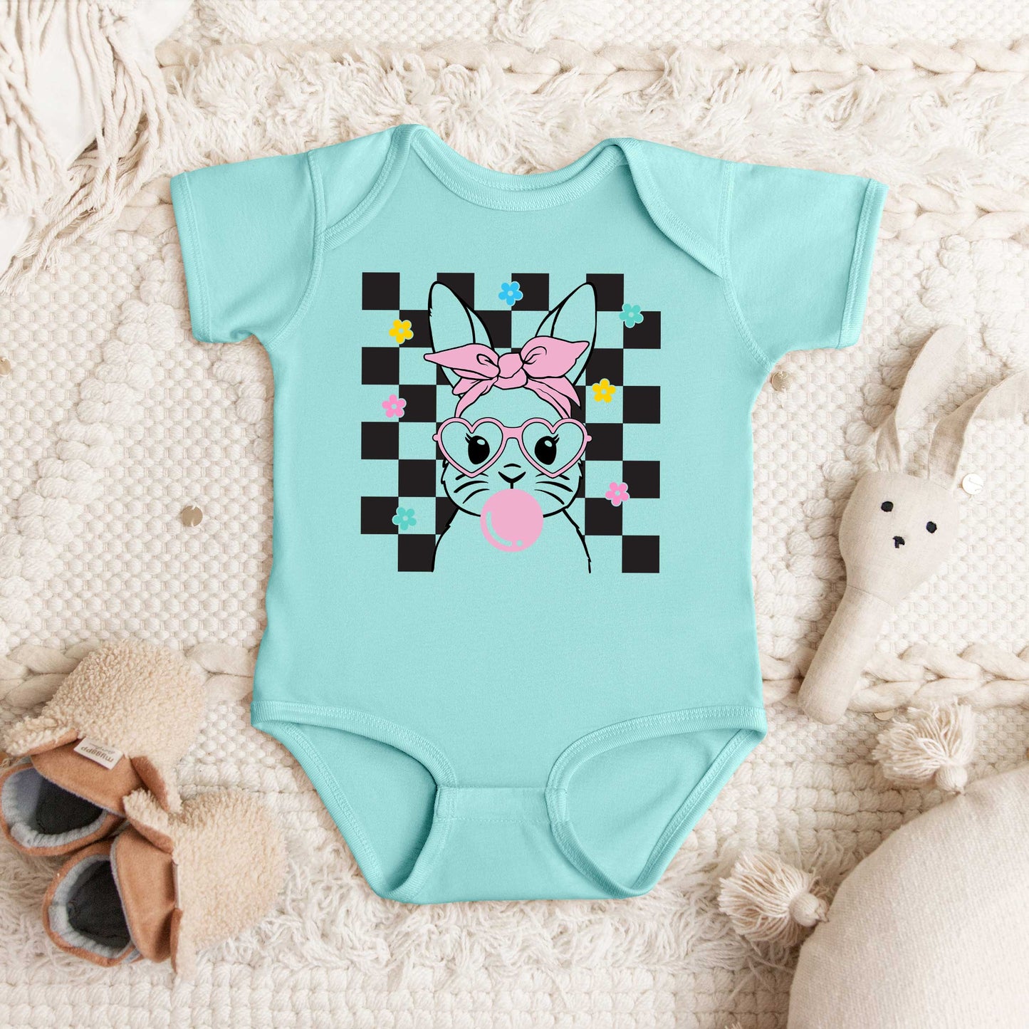 Checkered Groovy Bunny | Baby Graphic Short Sleeve Bodysuit