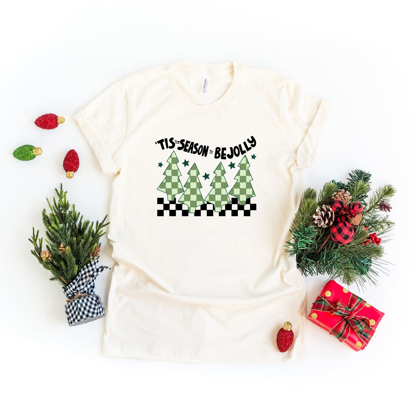 Be Jolly Checkered Tree | Short Sleeve Crew Neck