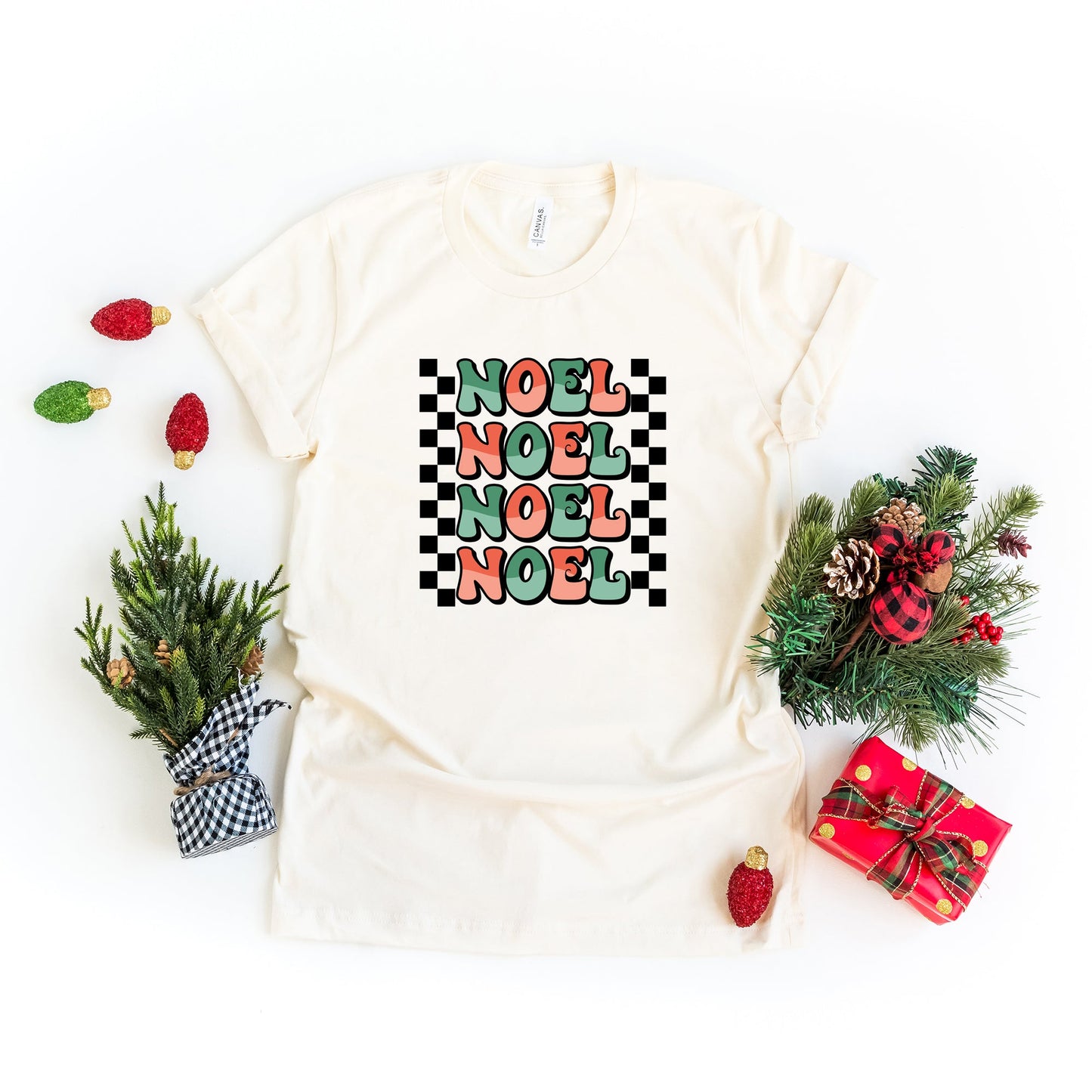 Noel Checkered Stacked | Short Sleeve Crew Neck