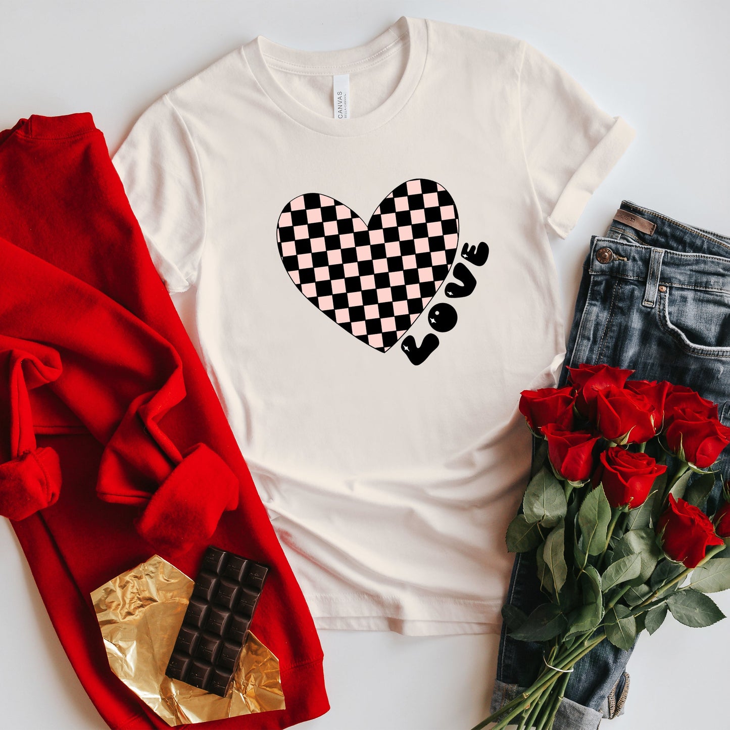 Checkered Heart Black | Short Sleeve Crew Neck