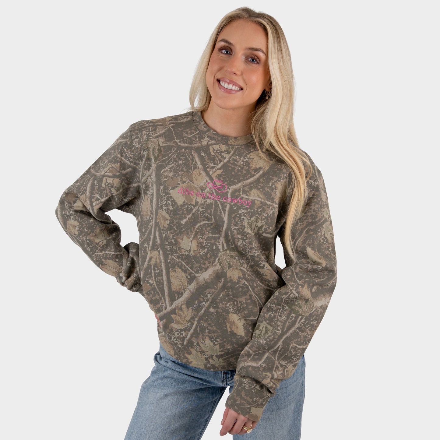 Embroidered Dibs On The Cowboy - Women's Camo Sweatshirt