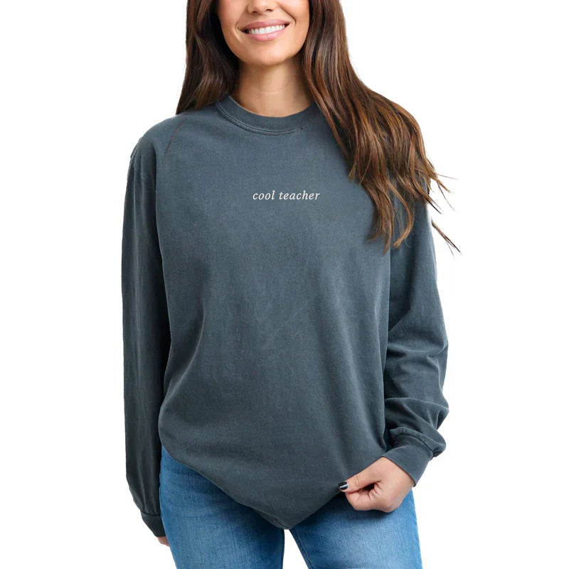Embroidered Cool Teacher - Women's Garment Dyed Long Sleeve Graphic T-Shirt