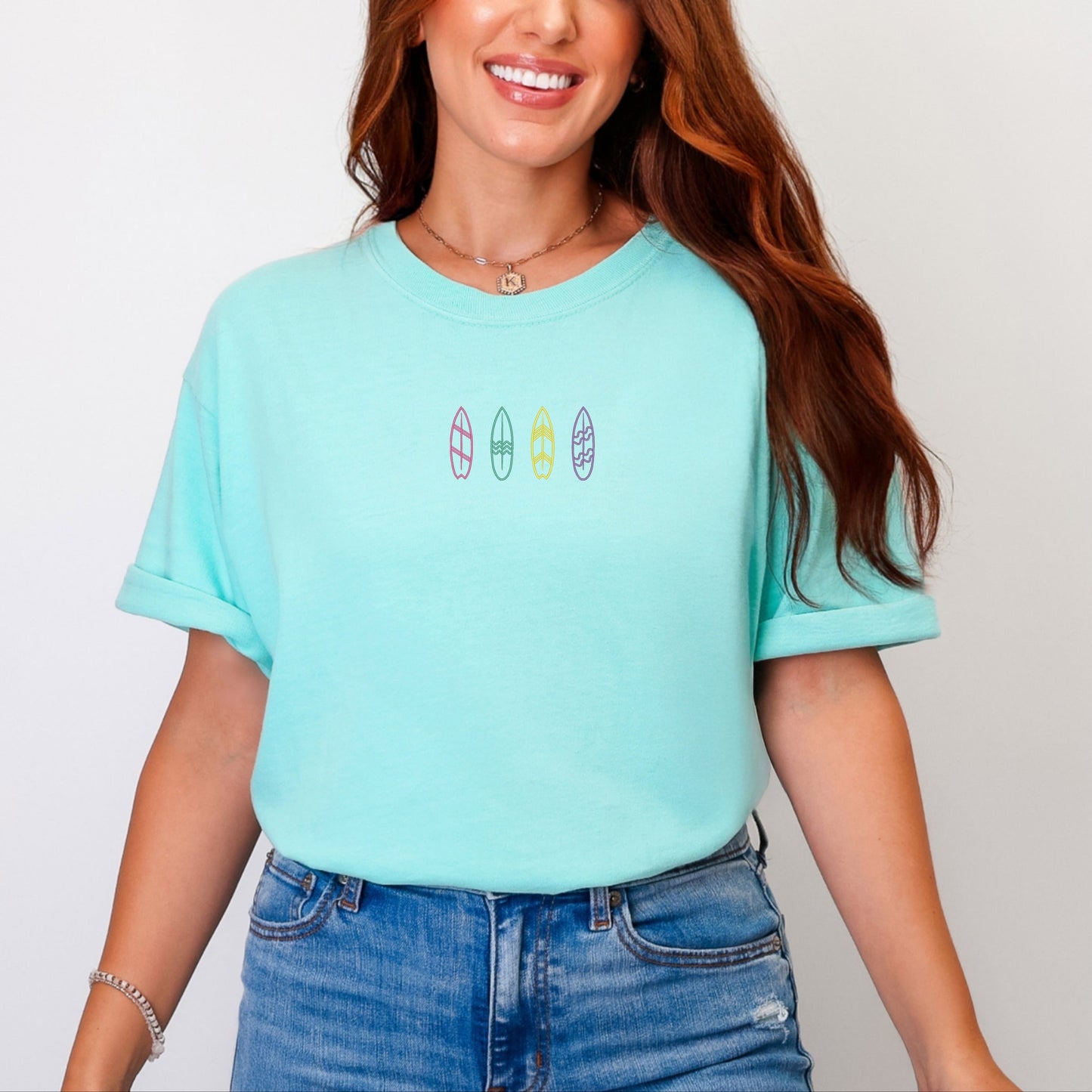 Embroidered Surf Boards - Women's Garment Dyed Graphic T-Shirt