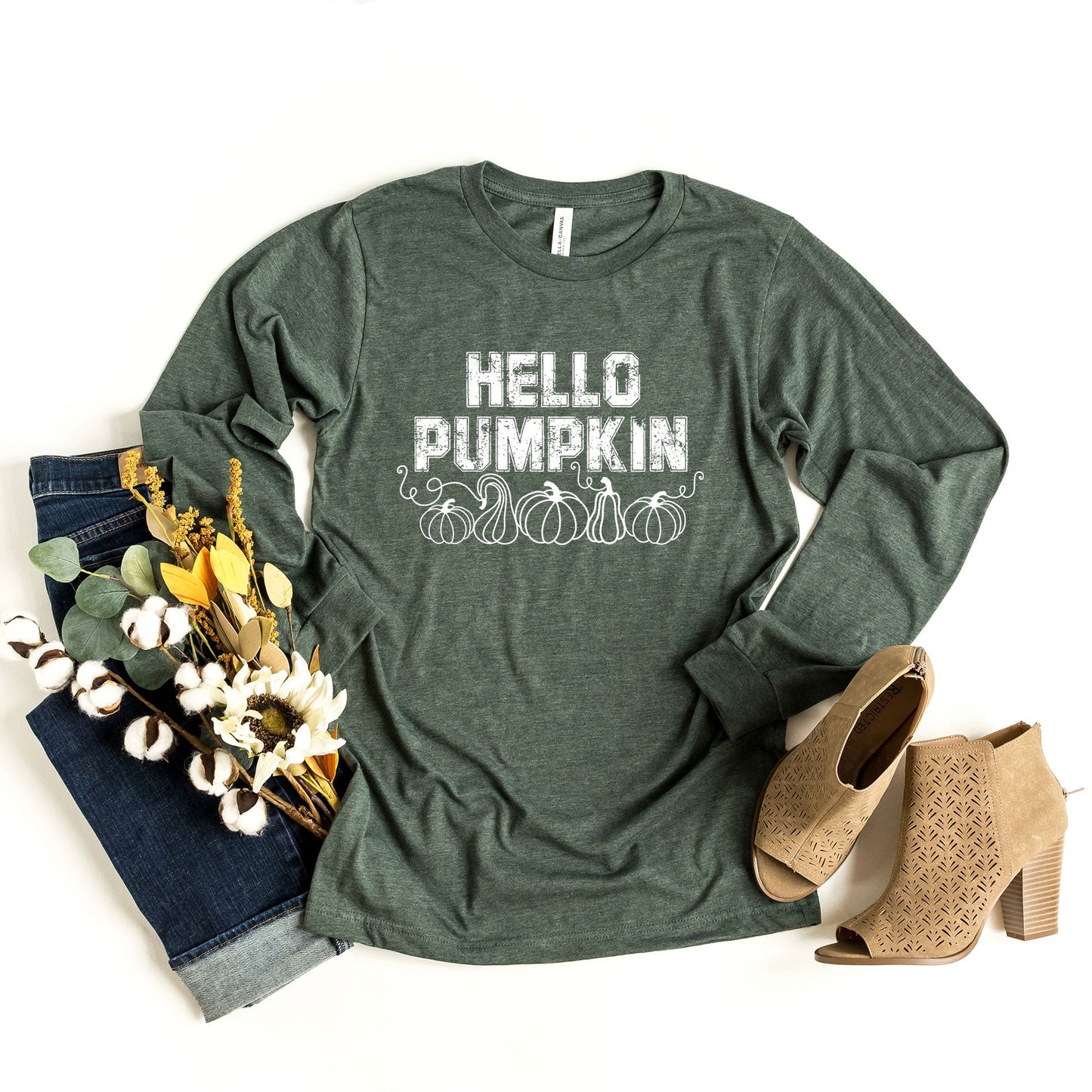 Hello Pumpkin Distressed | Long Sleeve Crew Neck