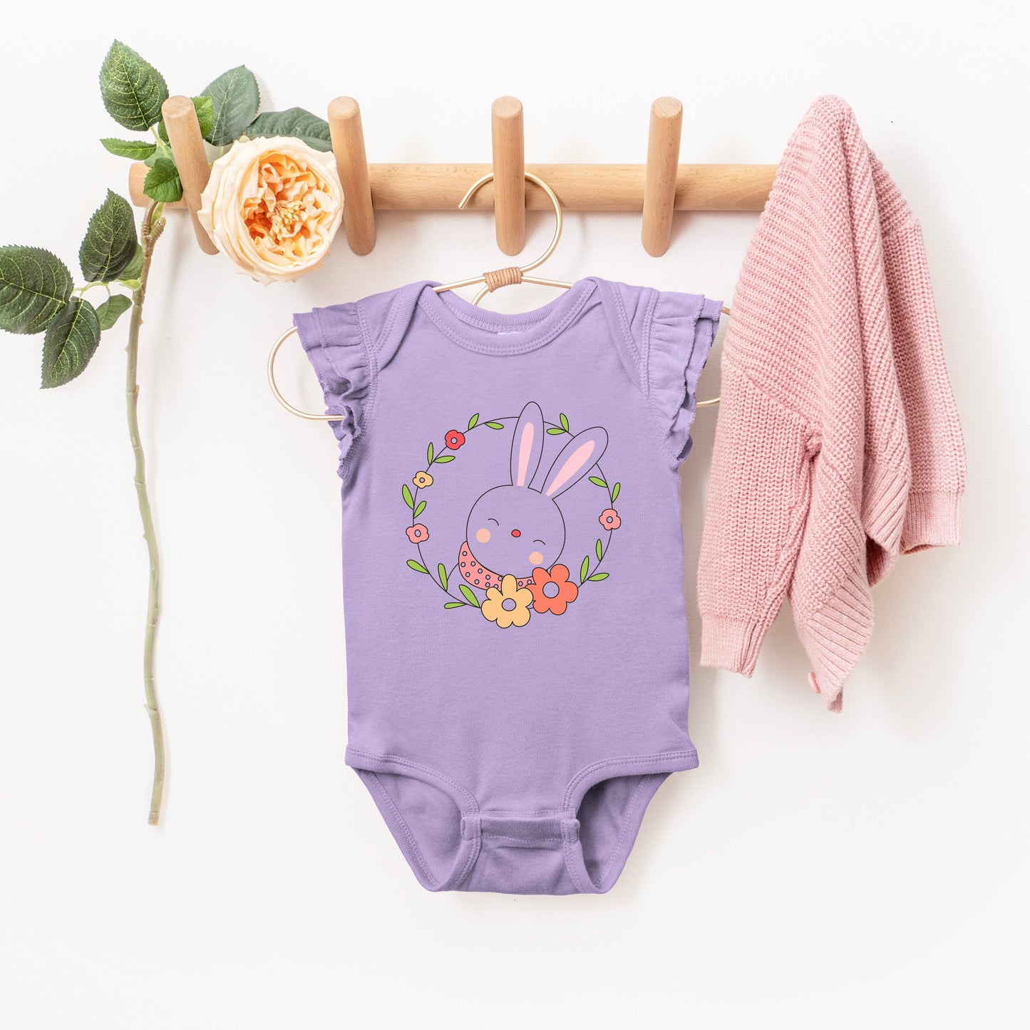 Easter Bunny Flower Wreath | Baby Graphic Flutter Sleeve Bodysuit