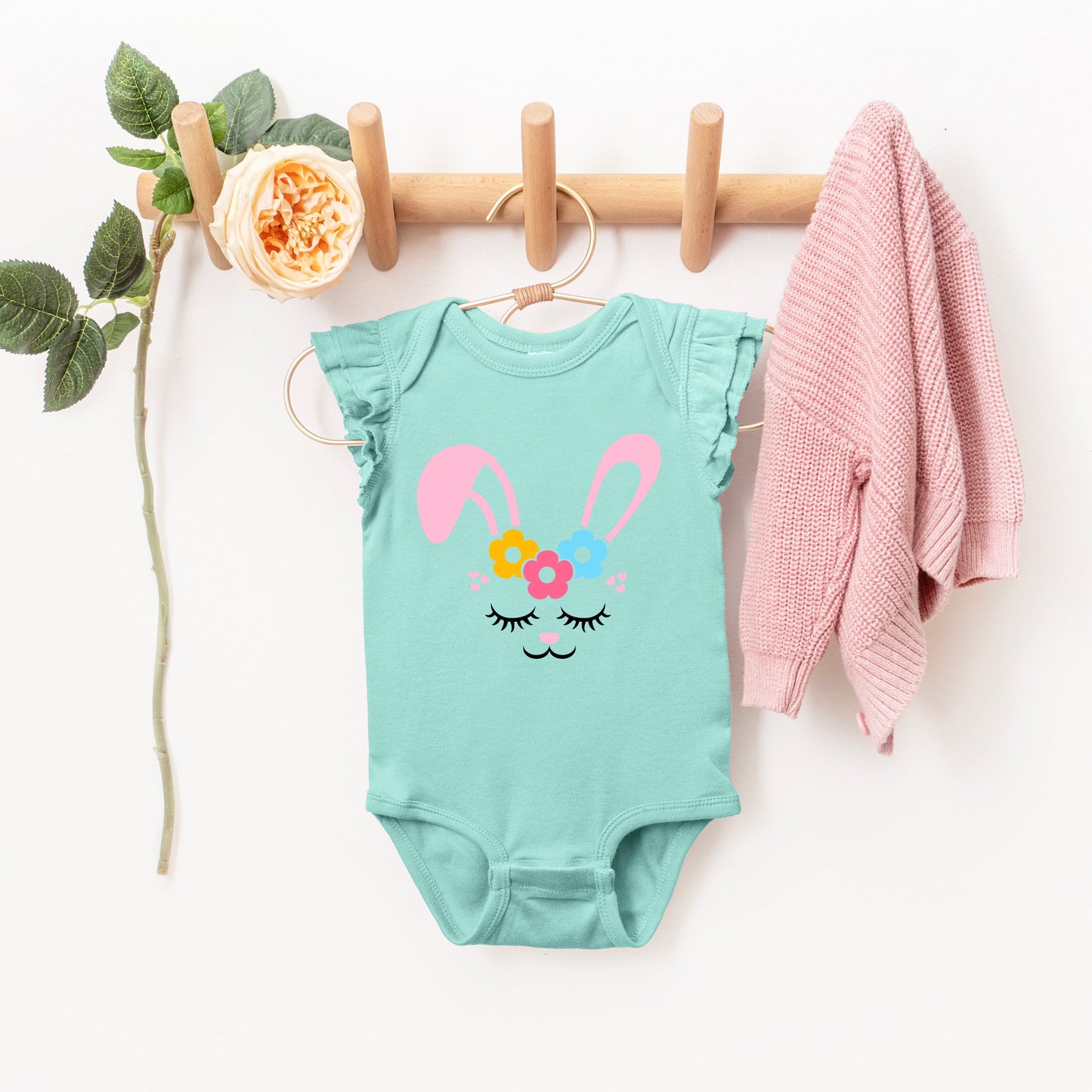 Bunny Face With Flowers | Baby Graphic Flutter Sleeve Bodysuit