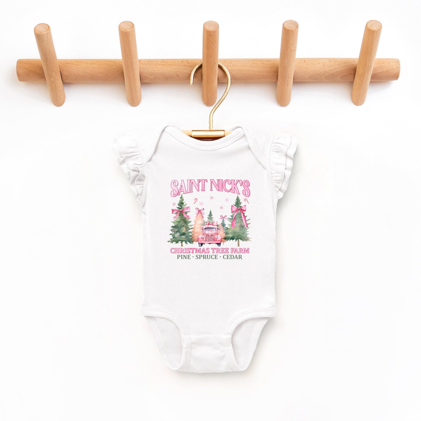 Coquette St. Nick's Tree Farm | Baby Graphic Flutter Sleeve Bodysuit