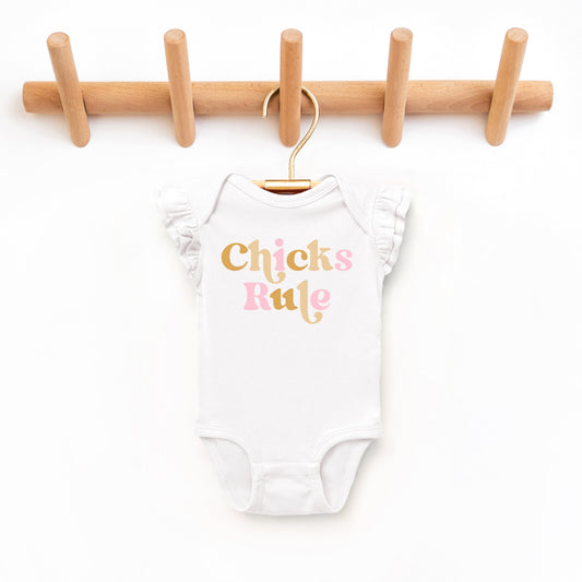 Chicks Rule Colorful | Baby Graphic Flutter Sleeve Bodysuit