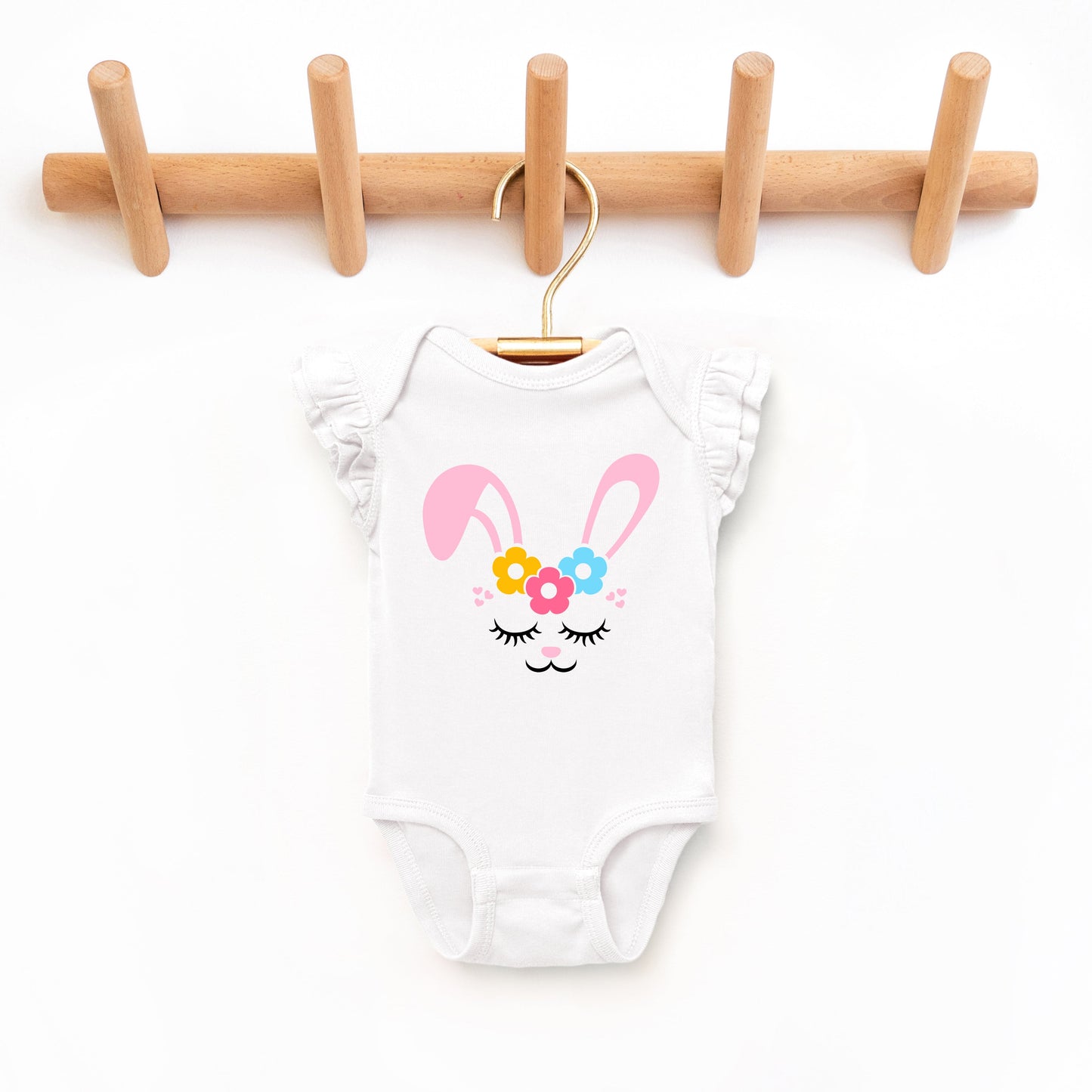 Bunny Face With Flowers | Baby Graphic Flutter Sleeve Bodysuit
