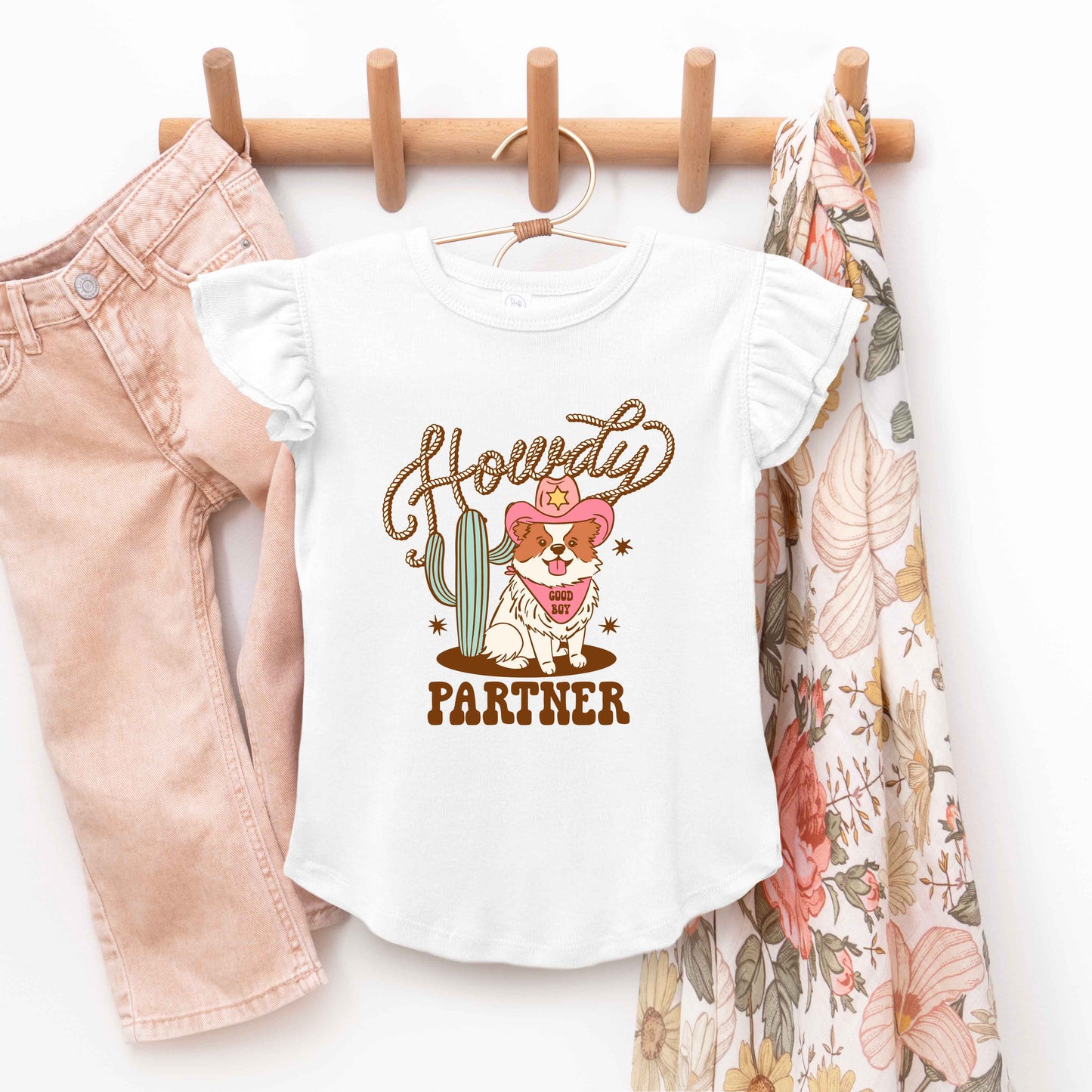 Howdy Partner Dog | Toddler Graphic Flutter Sleeve Tee
