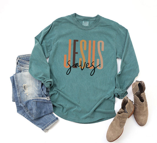 Jesus Saves Cursive | Garment Dyed Long Sleeve