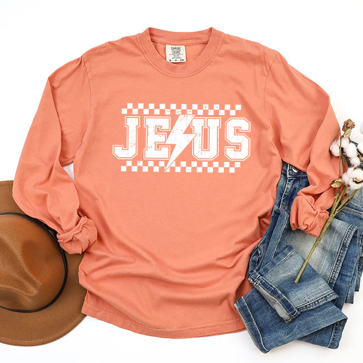 Jesus Checkered Bolt | Garment Dyed Long Sleeve