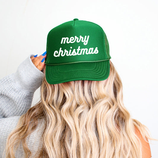 Merry Christmas Bold Cursive Words Puff Print |  Foam Trucker Hat