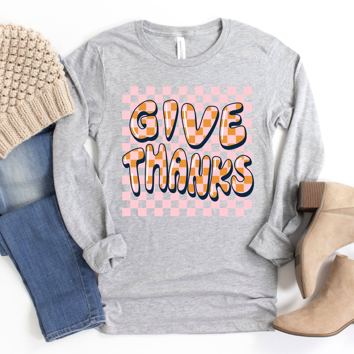 Give Thanks Checkered | Long Sleeve Crew Neck