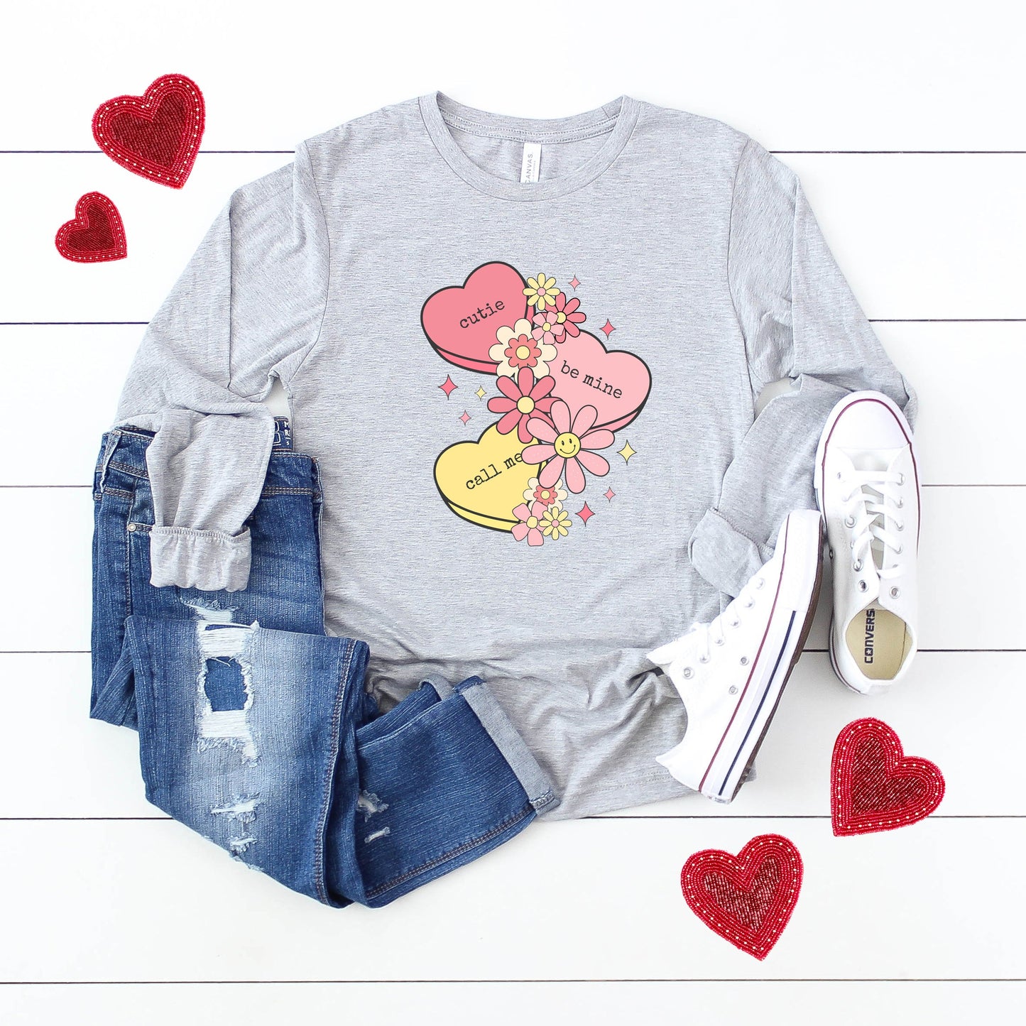 Retro Valentine Hearts | Long Sleeve Crew Neck