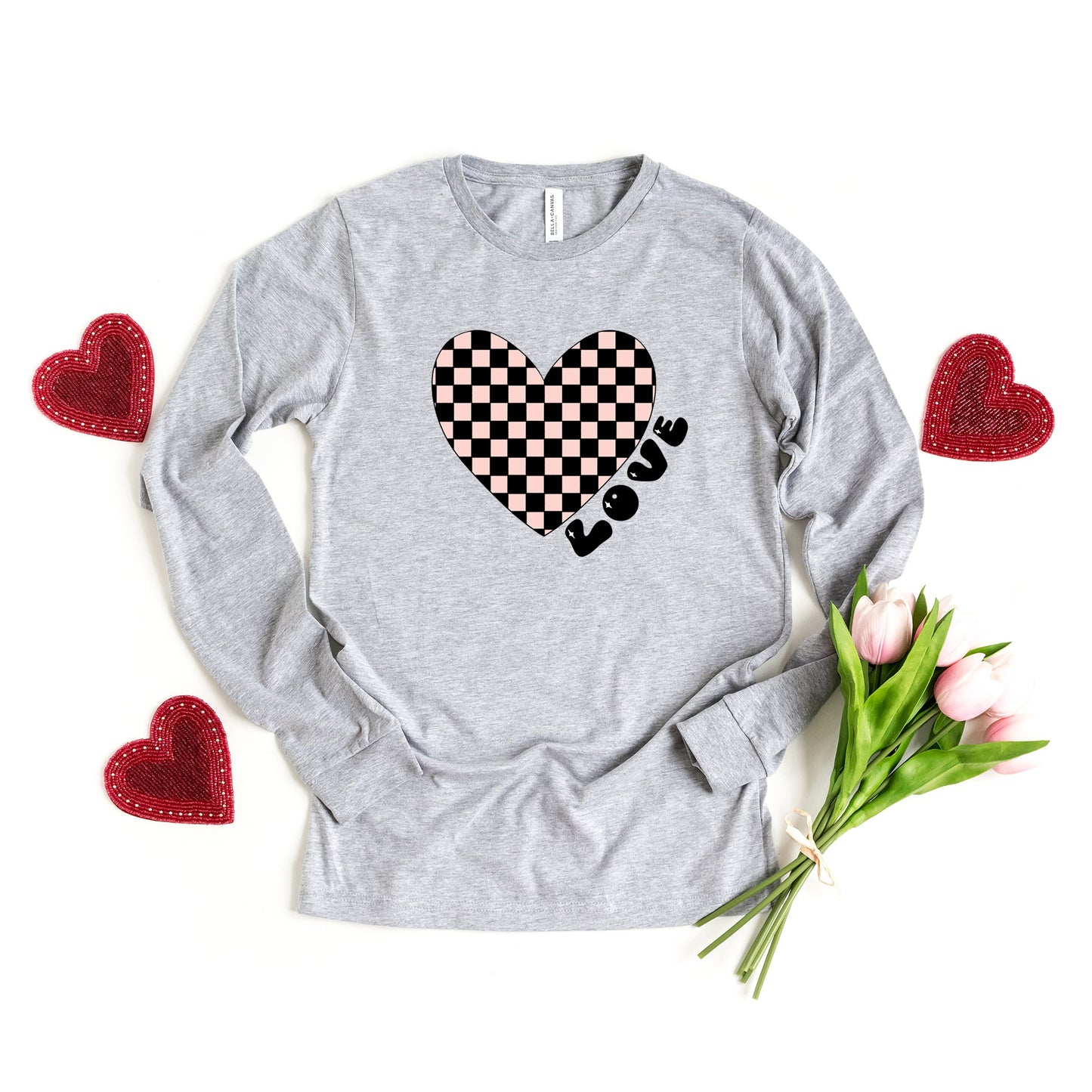 Checkered Heart Black | Long Sleeve Crew Neck