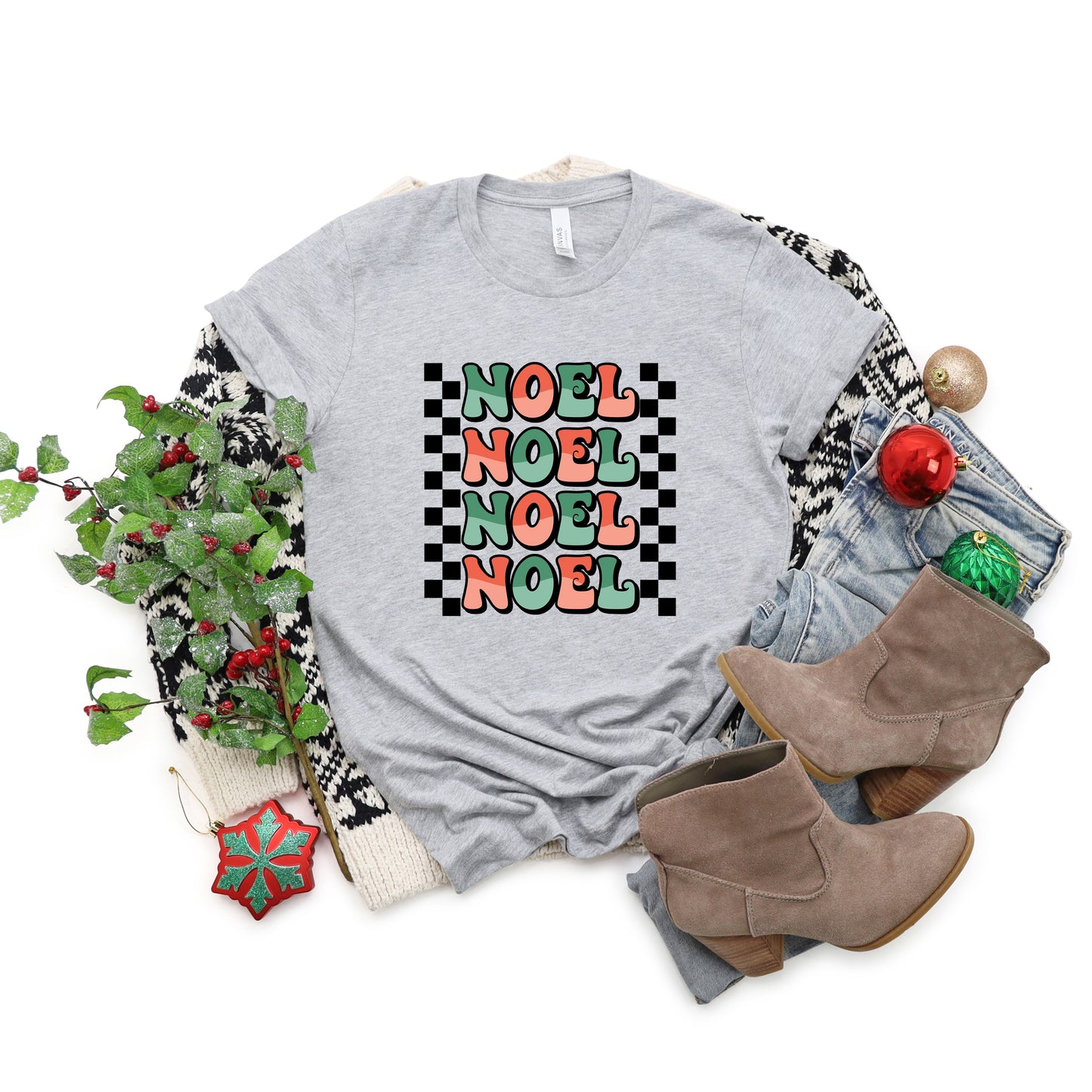 Noel Checkered Stacked | Short Sleeve Crew Neck