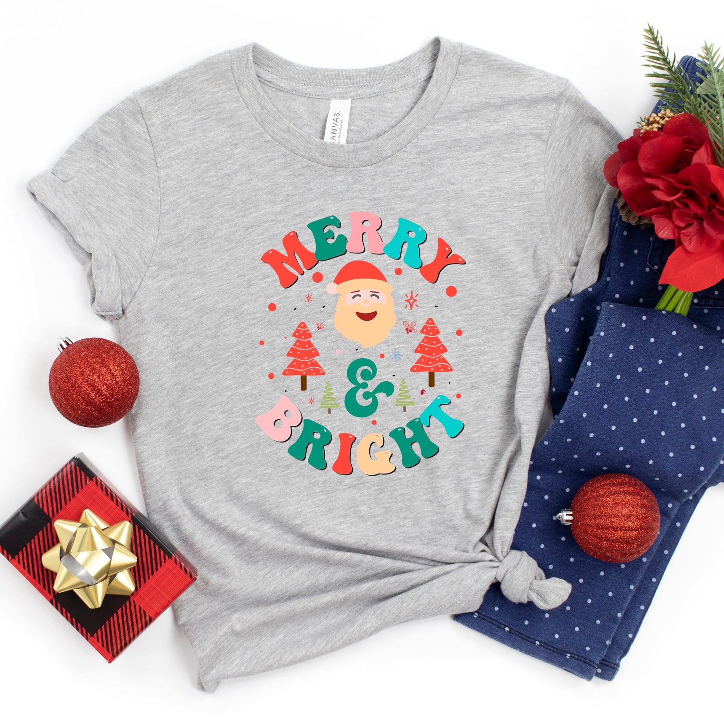 Retro Merry And Bright Santa | Youth Short Sleeve Crew Neck