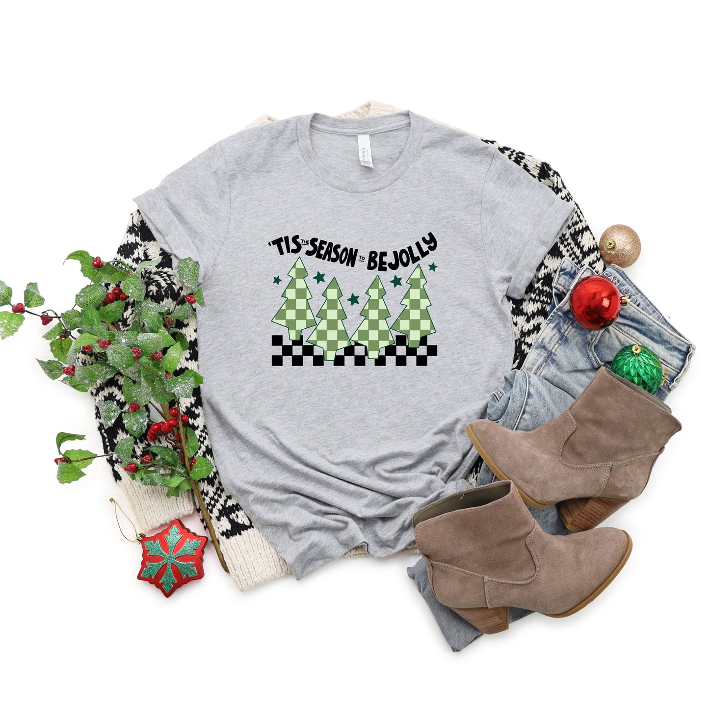 Be Jolly Checkered Tree | Short Sleeve Crew Neck