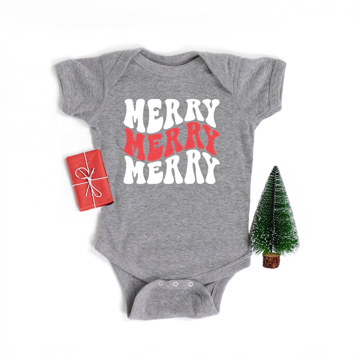 Merry Stacked Wavy Glitter | Baby Graphic Short Sleeve Bodysuit
