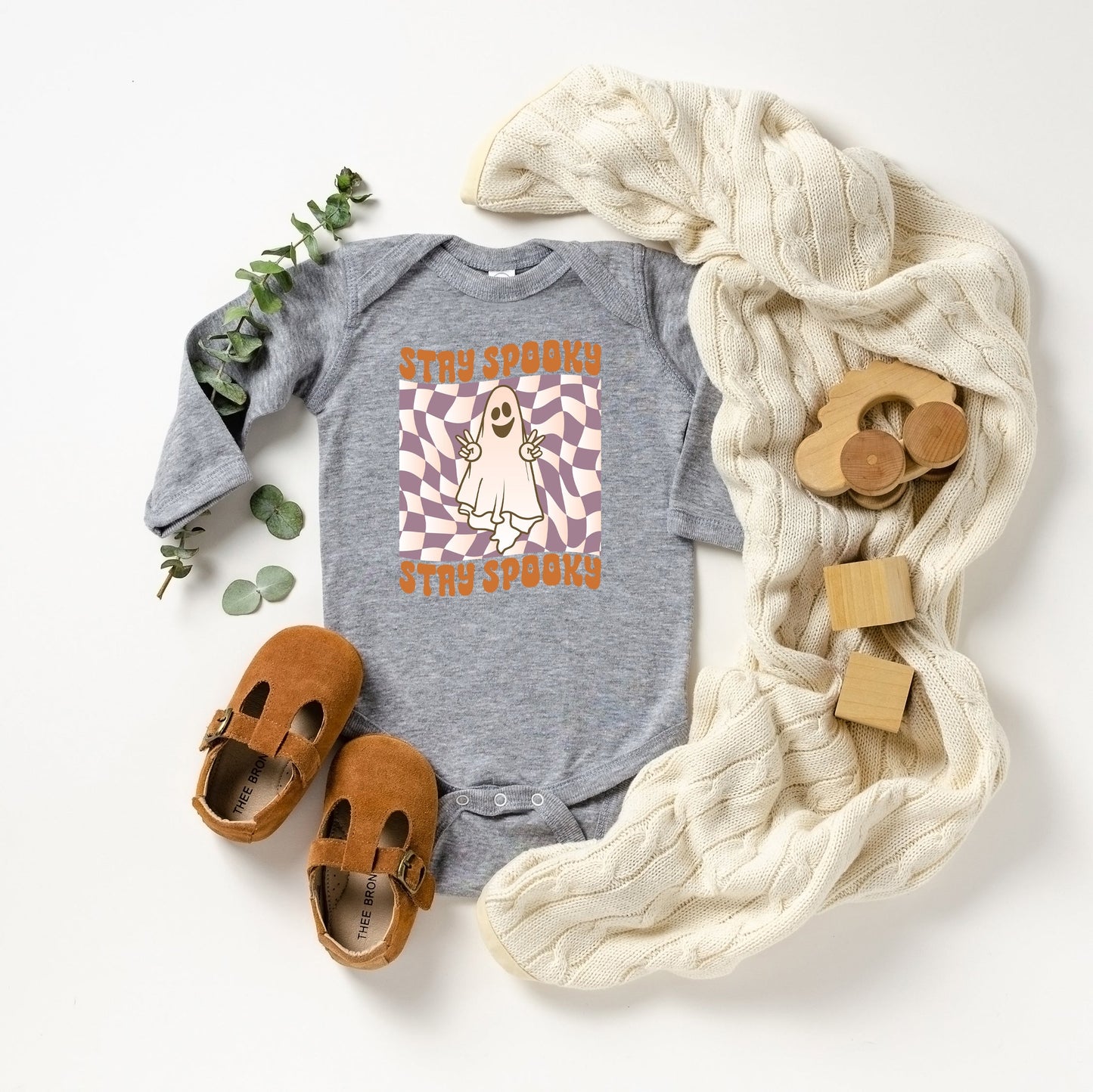 Checkered Stay Spooky Ghost | Baby Long Sleeve Bodysuit