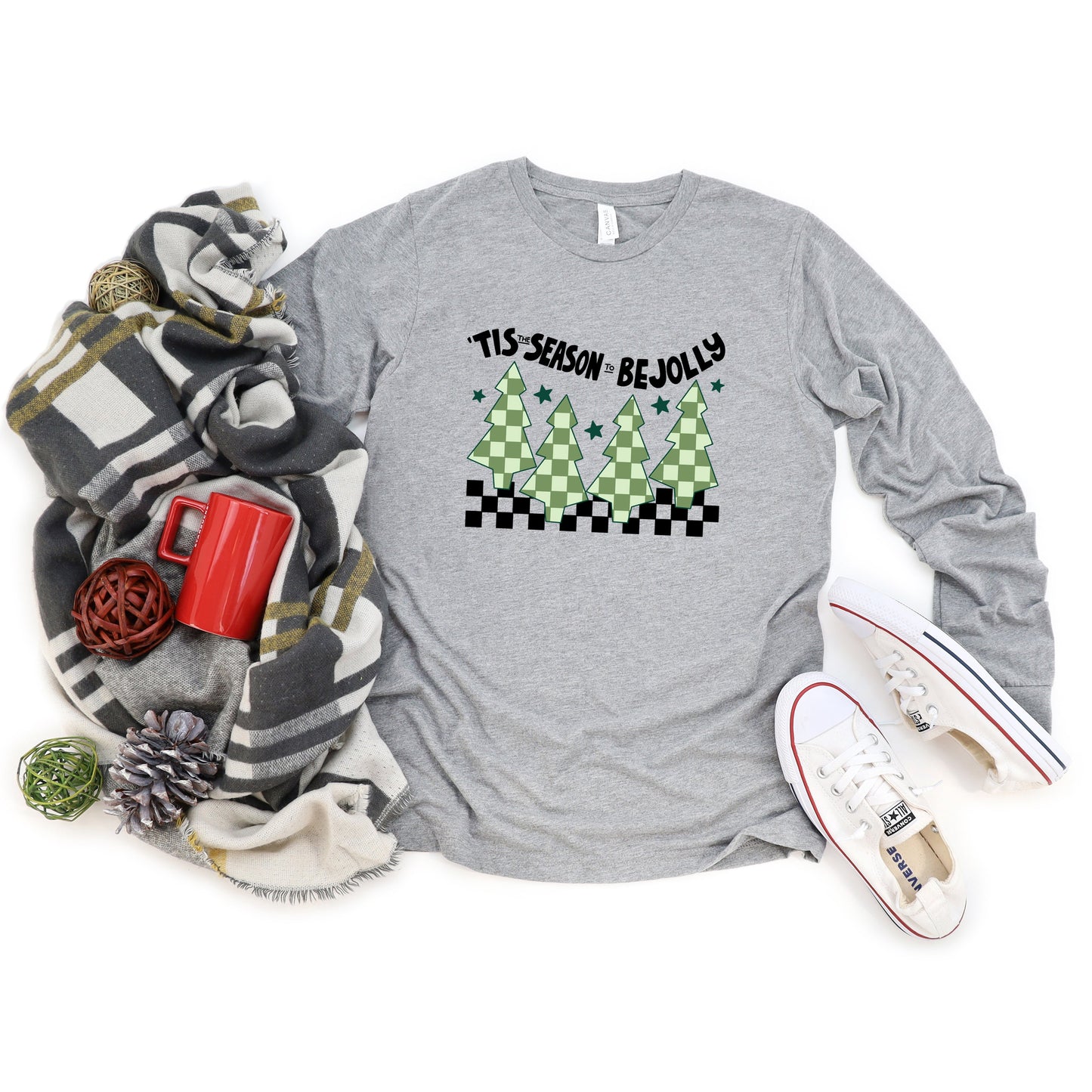 Be Jolly Checkered Tree | Long Sleeve Crew Neck